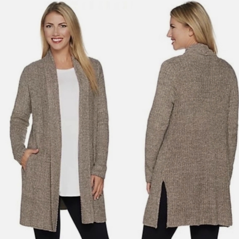 Barefoot Dreams CozyChic Lite Womens Large Taupe/Tan Long Open Cardigan